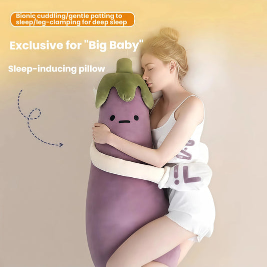 MoiHug Eggplant body pillow being hugged by a woman while sleeping. Features "Bionic cuddling/gentle patting to sleep" and "leg-clamping for deep sleep." This adult cuddle pillow is an Exclusive for "Big Baby" Therapeutic plush toys, effectively helping How to relieve inner anxiety, and is a Soothing weighted toy.