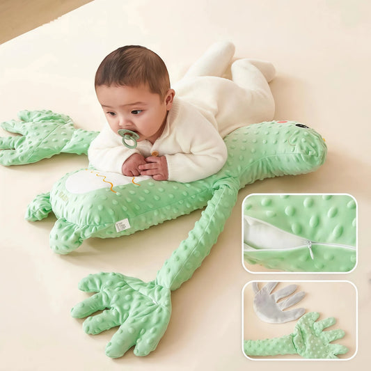 MoiHug Sleep Aid Dinosaur Body Pillow. Green plush material with an Automatic Patting Function. The image shows the pillow providing Rhythmic Tapping for Sleep or a Gentle Pulsation Massager via a remote control, functioning as a sleep aid device to achieve How to fall asleep quickly and help users Soothe your negative emotions.