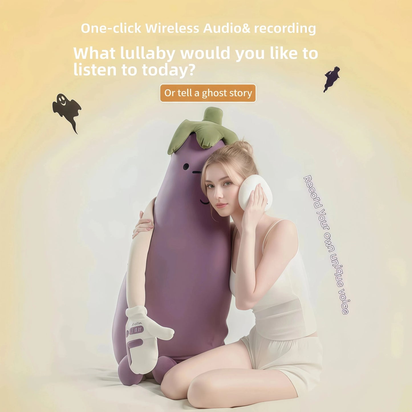 MoiHug eggplant Wireless Audio music long pillow with voice recording, soothing sleep aid for personalized comfort.
