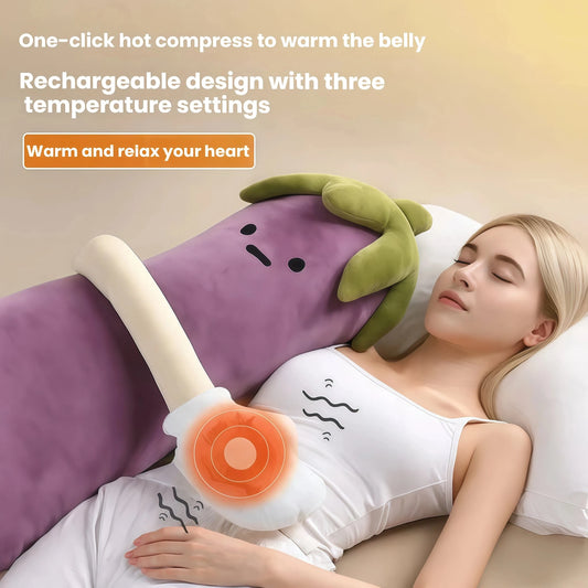 MoiHug eggplant body pillow with heated warmth for belly comfort, rechargeable sleep aid for relaxation.