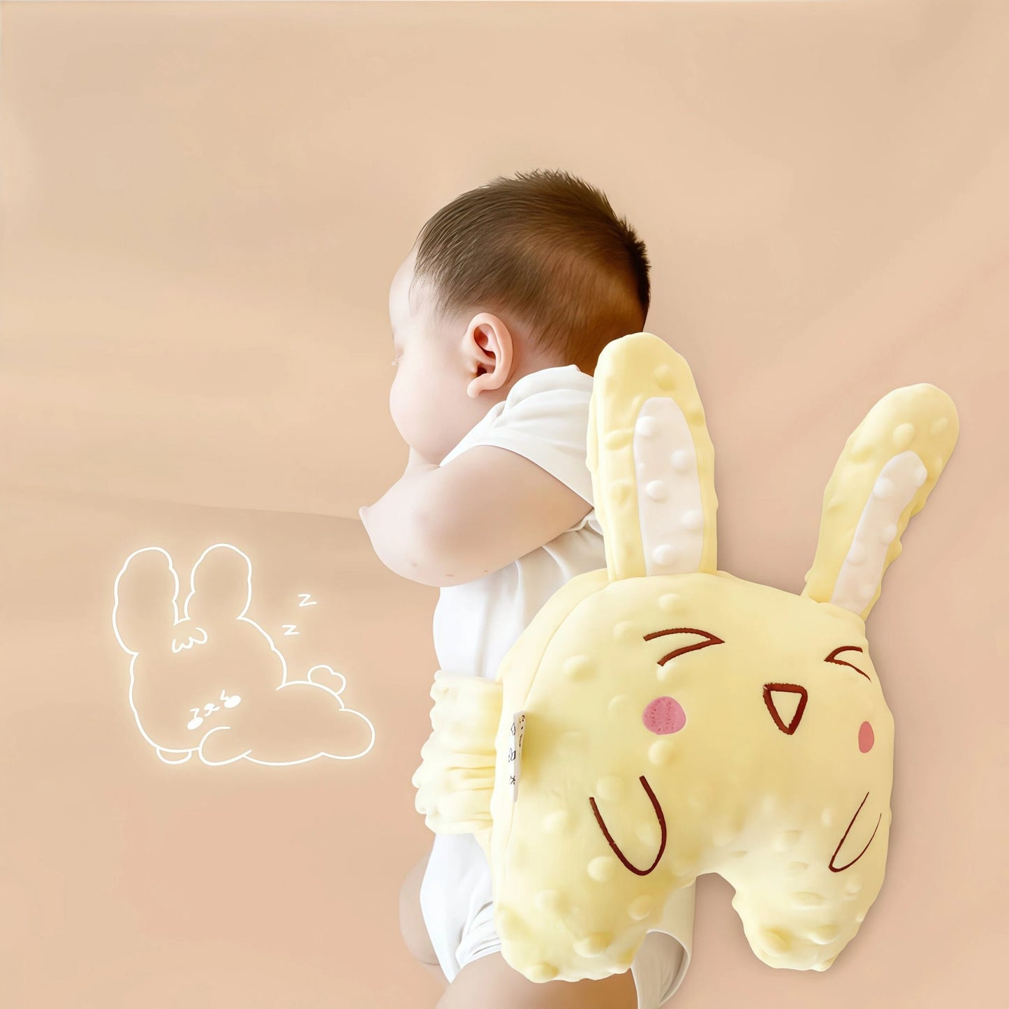 Moihug Baby Soothing Patting Pillow: Shows a baby wearing the yellow bunny patting pillow on their back. It is a powerful tool for How to help your baby fall asleep quickly, significantly Reducing the difficulties of mothers taking care of their babies. As a natural sleep aid solution, its tactile feedback can Soothe your negative emotions, thereby reducing maternal fatigue and allowing mothers to Love yourself more.