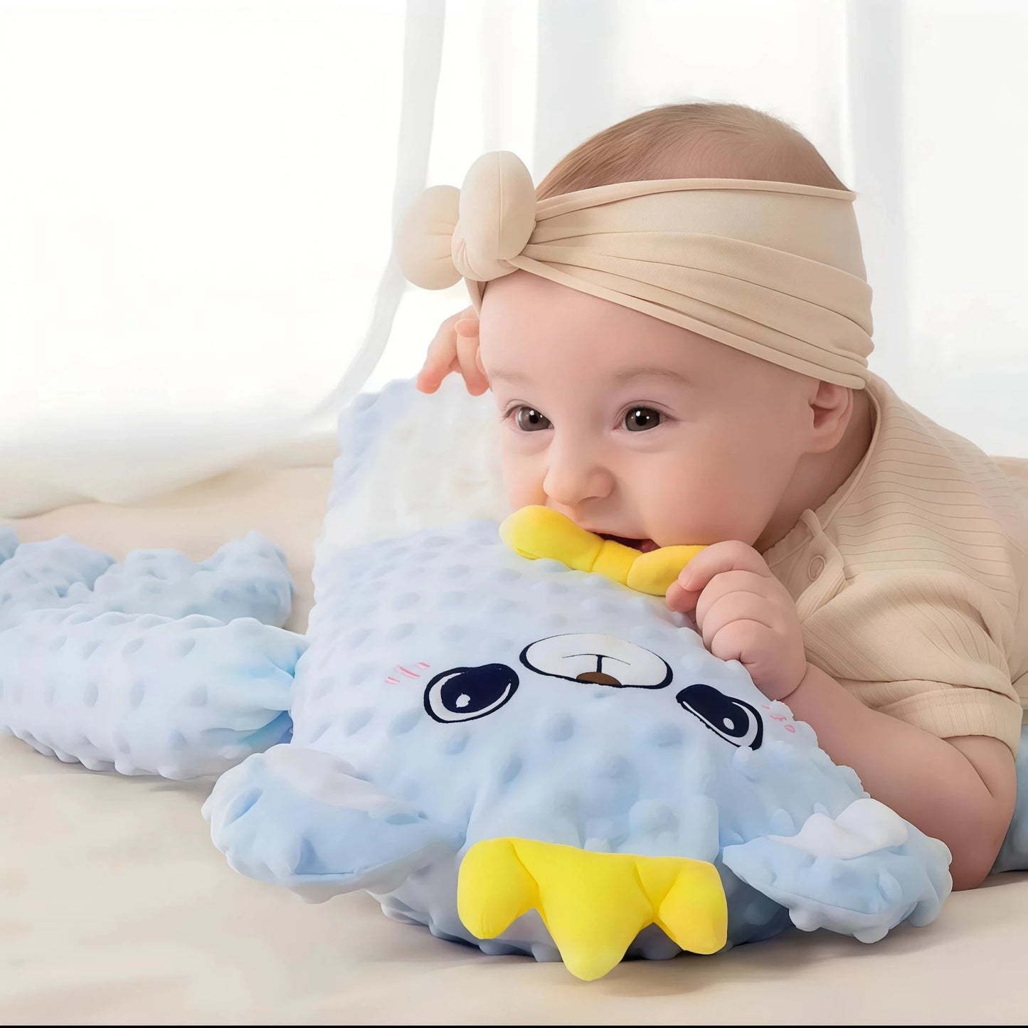 Bear Body Pillow Hug: A baby rests on their side, embraced by the blue bear body pillow featuring large simulated hands for Simulated Hand Comfort. This baby soother and Therapy Plush provides a Full Sense of Security, acting as an effective sleep aid device for how to help your baby fall asleep quickly.