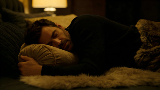 Bearded man side sleeping with small round pillow in warm dim bedroom, peaceful midnight rest scene with soft daily sleep aid cushion.