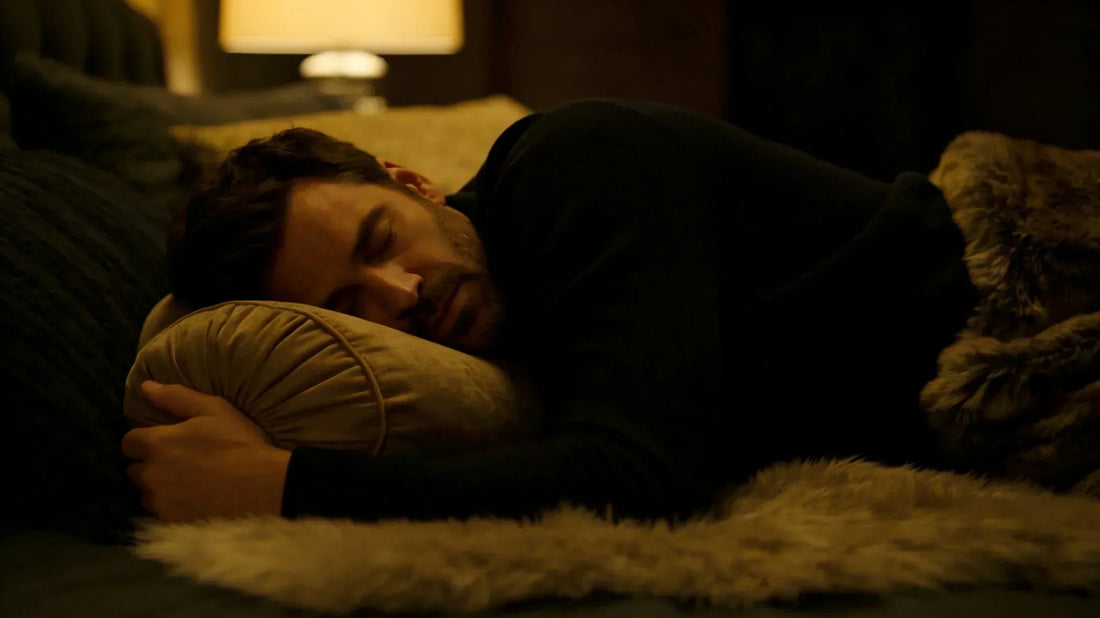 Man sleeping peacefully in a cozy warm bedroom at night