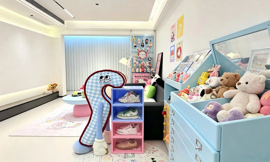 Pastel-themed kawaii room with plush toys and sneaker storage