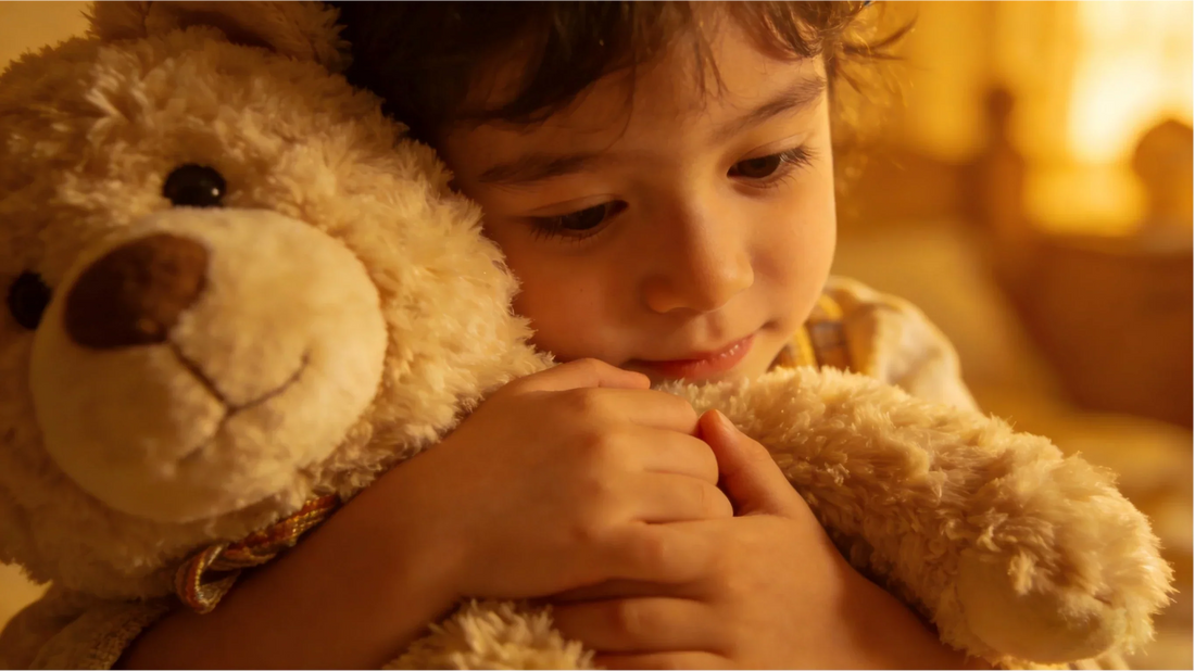 Young child hugging a fluffy teddy bear in warm evening light