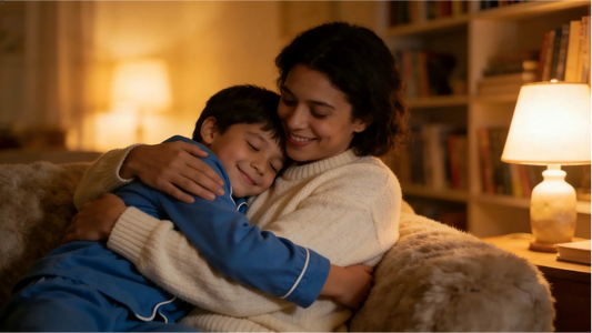 Mother and son sharing a warm hug on a cozy couch at night