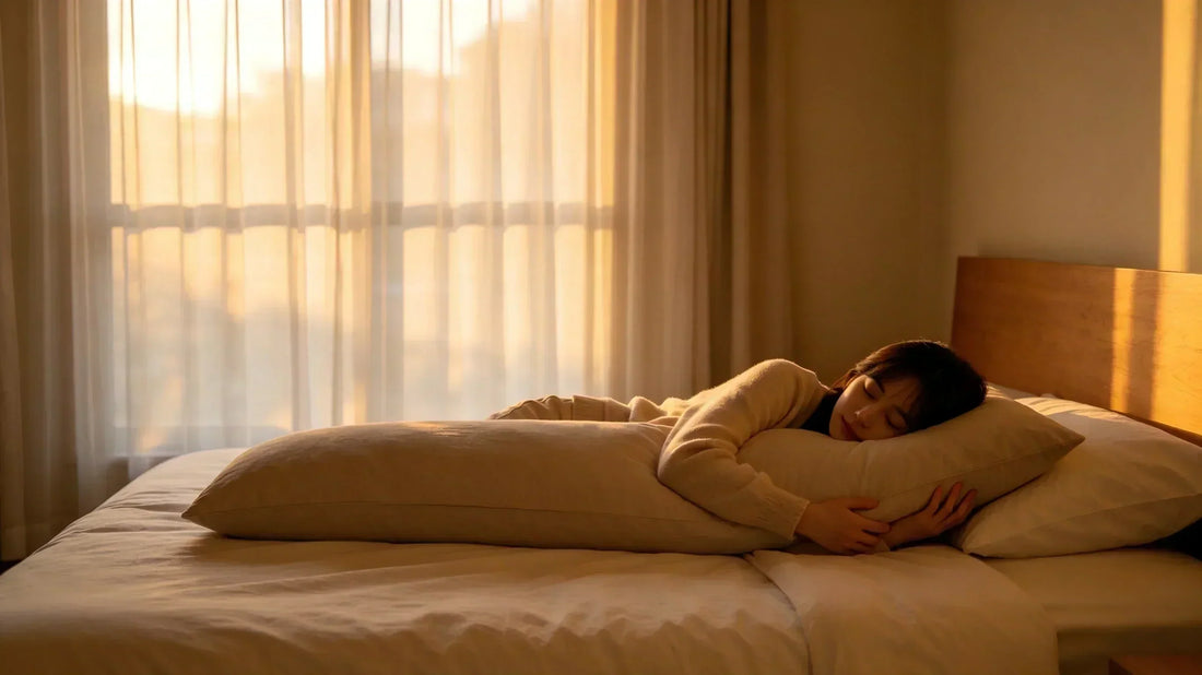 Woman sleeping with a long body pillow in a sunlit bedroom