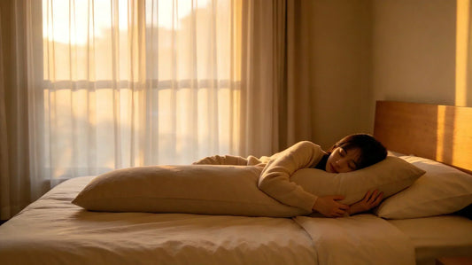 Woman sleeping with a long body pillow in a sunlit bedroom