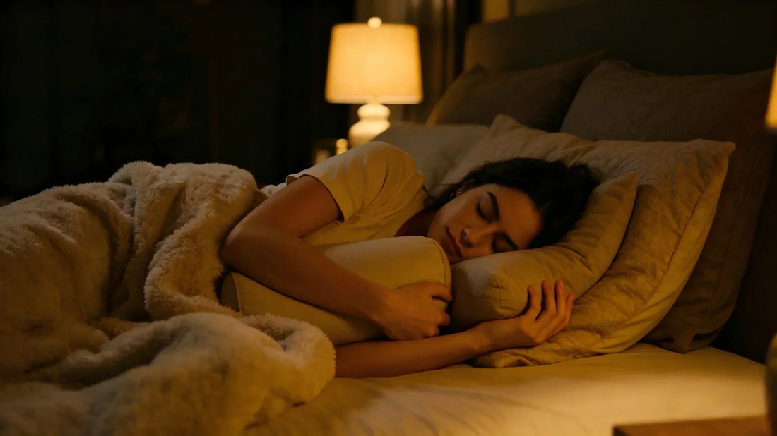 A person sleeping peacefully while hugging a bolster pillow in a dark, comfortable room.