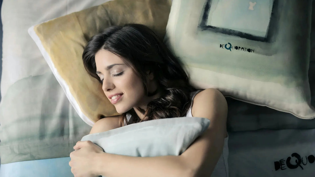 Woman sleeping peacefully with decorative pillows on Dequoration bedding