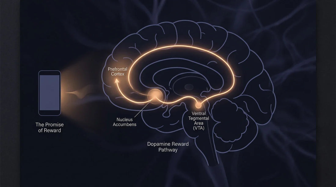 An elegant, minimalist scientific diagram of the dopamine reward pathway in the human brain, explaining the behavioral science of digital habits.