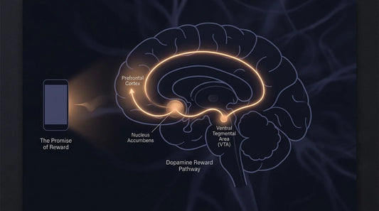 An elegant, minimalist scientific diagram of the dopamine reward pathway in the human brain, explaining the behavioral science of digital habits.