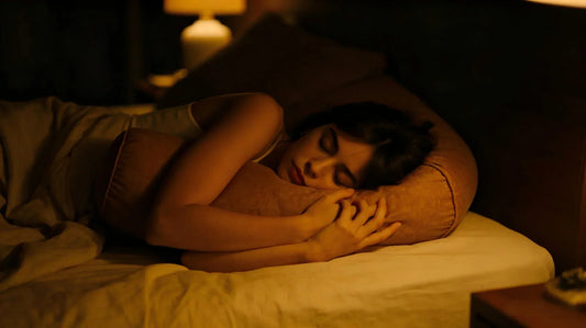 A bedroom sanctuary with warm red ambient lighting and a Long plush body pillow designed for a stable sleep environment.