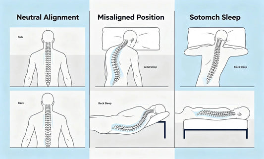 Comparison of neutral spinal alignment vs misalignment during sleep postures — showing how side, back, and stomach positions affect spine curvature.