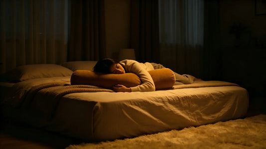 A woman hugs a long cylindrical pillow in a dim room, showcasing nighttime comfort and cozy home decor.