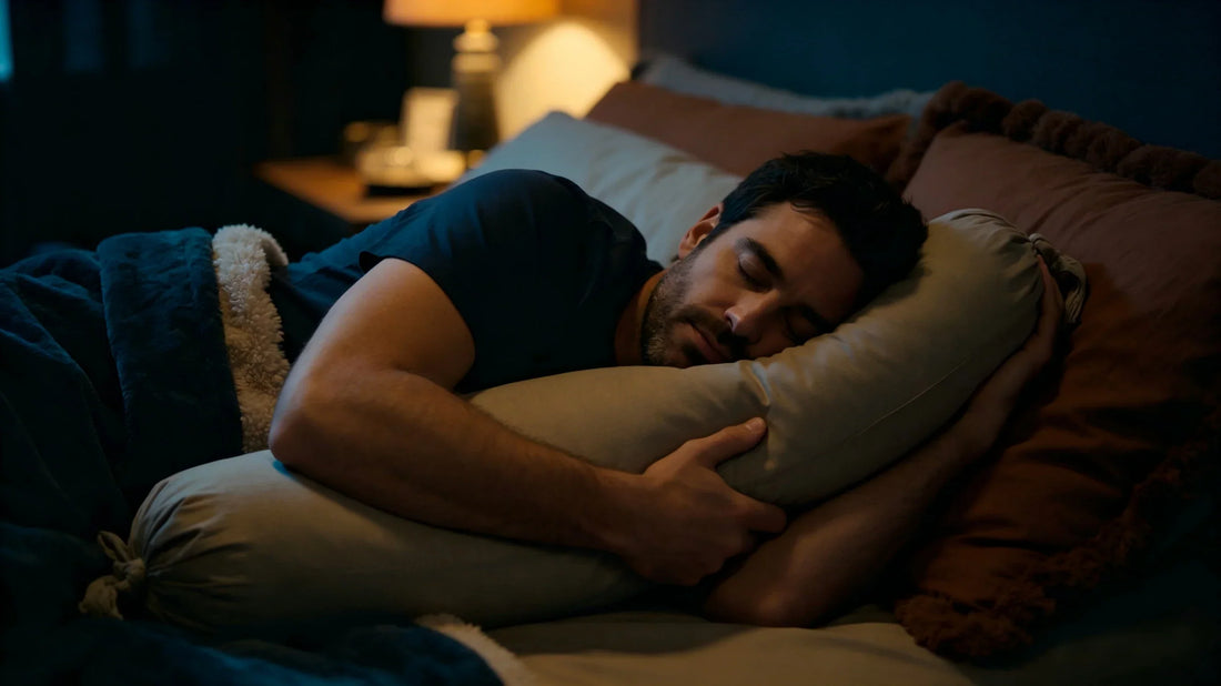 A man sleeping peacefully while hugging a bolster pillow in a dark, comfortable room.