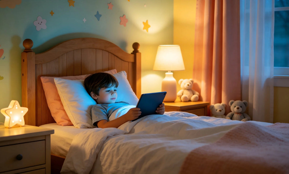 Child in bed using a tablet before sleep, illustrating the common but disruptive habit of evening screen time that can delay and fragment children’s sleep.