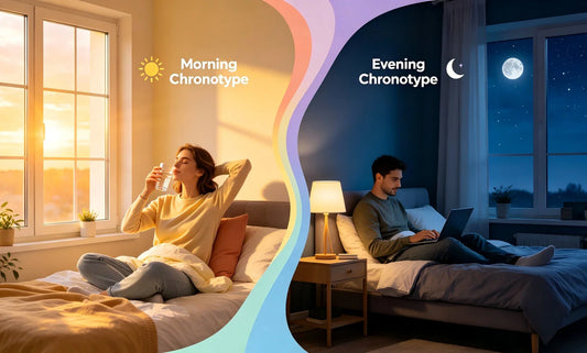 Comparison of morning chronotype (lark) waking at sunrise vs evening chronotype (owl) active at night — illustrating individual differences in circadian preference.