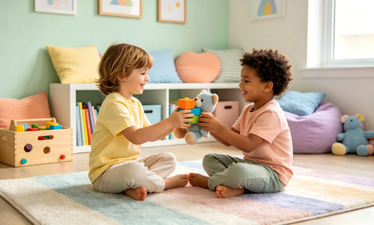 Two young children sharing a toy and smiling, illustrating the prosocial behavior that is supported by consistent, restorative sleep.