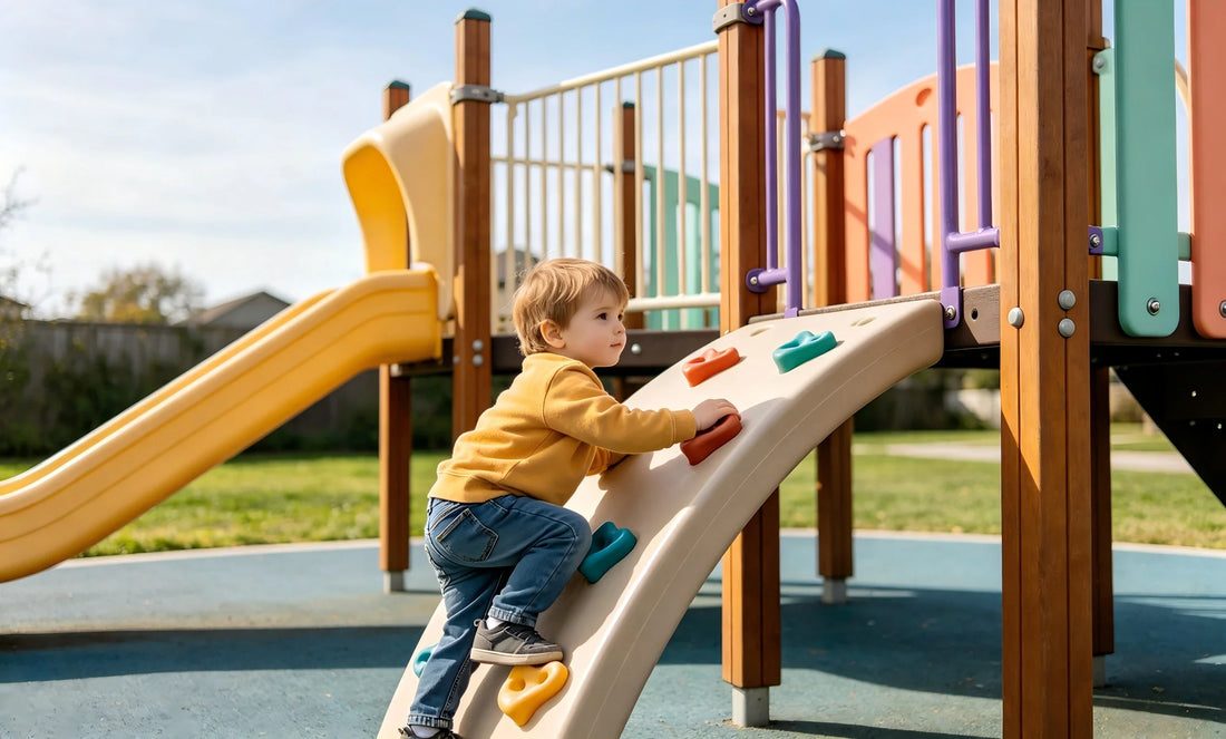 A well-rested child carefully climbing playground equipment, alert and focused. Alt text: “Alert child playing on playground equipment, demonstrating the focus and coordination supported by restorative sleep that helps prevent unintentional injuries.