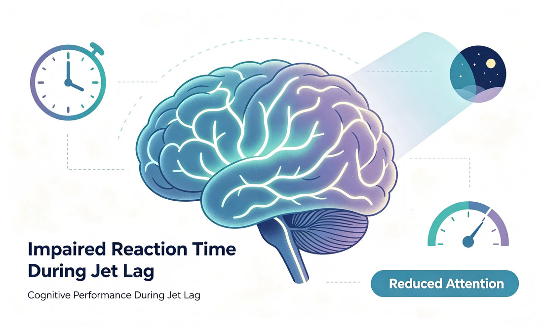 Brain illustration showing impaired reaction time and attention during jet lag — cognitive performance is measurably reduced.
