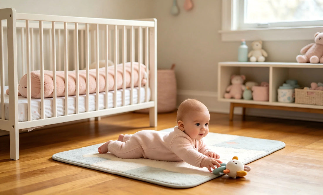 Baby sleeping soundly in side-sleeping position, hugging a long plush body pillow that contains a gentle patting and warming companion, providing the restful sleep that supports motor skill consolidation.