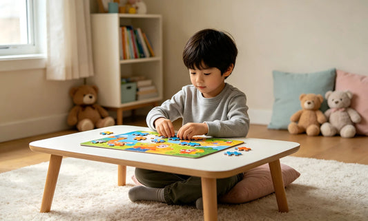Child calmly solving a puzzle, demonstrating the focused attention and self-regulation supported by adequate, restorative sleep.