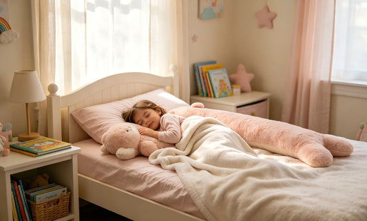 Preschooler napping while hugging a long plush body pillow, illustrating the restorative nap that helps consolidate new learning into long-term memory.