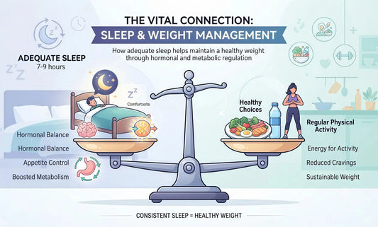 Balance scale illustration showing the connection between sleep and weight management — adequate sleep helps maintain healthy weight through hormonal and metabolic regulation.