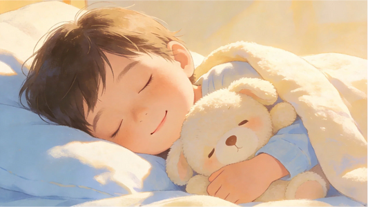 Cute sleeping boy holding a teddy bear, warm morning sunlight illustration