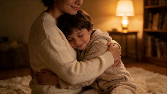 Cozy mother and son warm hug lifestyle home illustration