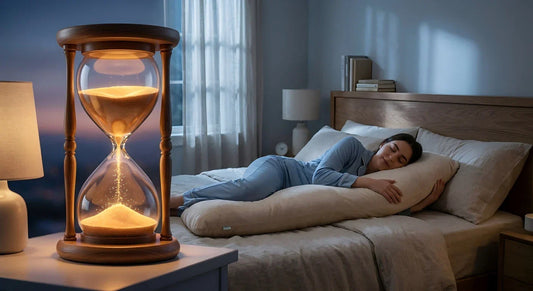 A conceptual image of Sleep Pressure transitioning into a secure bedroom environment featuring a body pillow as a sleep aid.