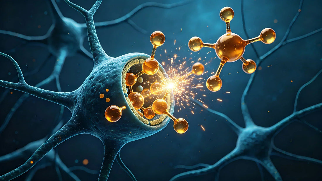 A scientific, 3D rendering of a human synapse, featuring a luminous Dopamine molecule moving across the synaptic cleft toward glowing receptors on the postsynaptic membrane