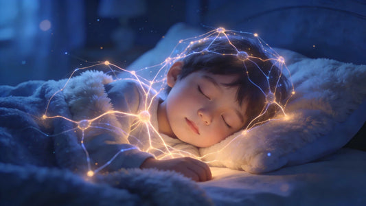 Conceptual illustration of brain development and neural connections during a child's deep sleep cycle.