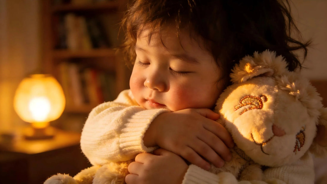 Sleepy toddler hugging soft lion plush toy beside warm bedside lamp, gentle cozy companion for kids quiet rest & daily sleep aid.