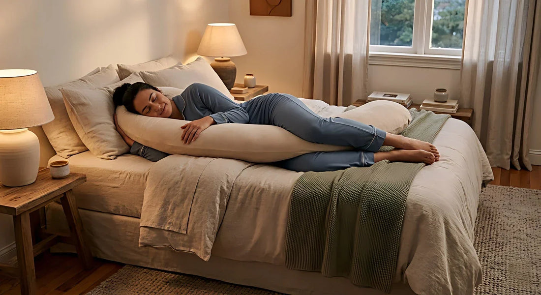 A woman in blue pajamas sleeping on her side in a softly lit bedroom. She is hugging a long, beige ergonomic body pillow with her leg draped over it for support. Warm bedside lamps create a cozy, restful atmosphere.