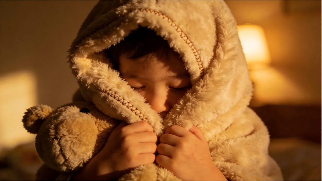 A child wrapped in a fluffy blanket hugs a teddy bear in warm light, radiating comfort and security.