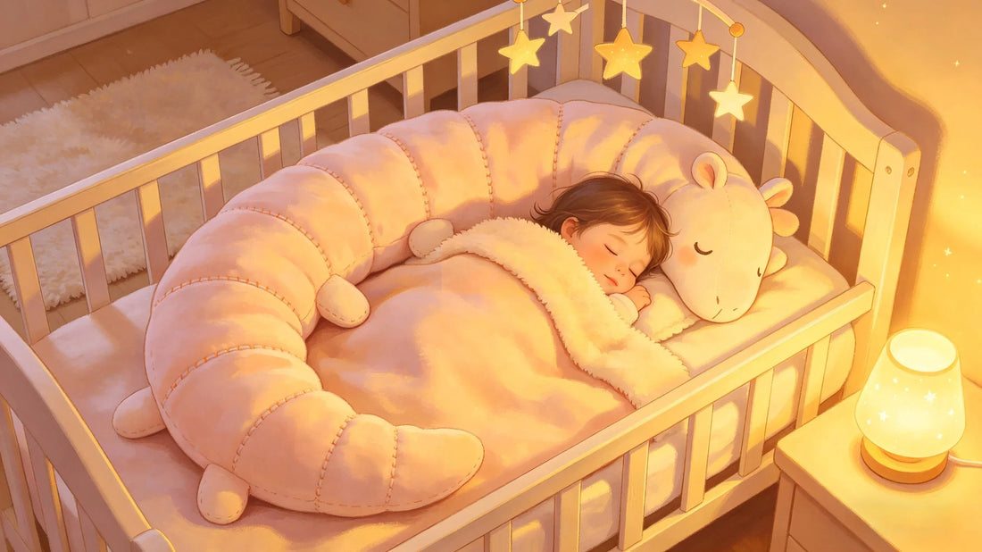 A calm nursery with a Long plush body pillow acting as a sleep aid to create a secure atmosphere for a child.