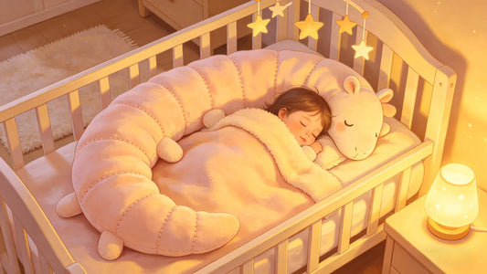 A calm nursery with a Long plush body pillow acting as a sleep aid to create a secure atmosphere for a child.
