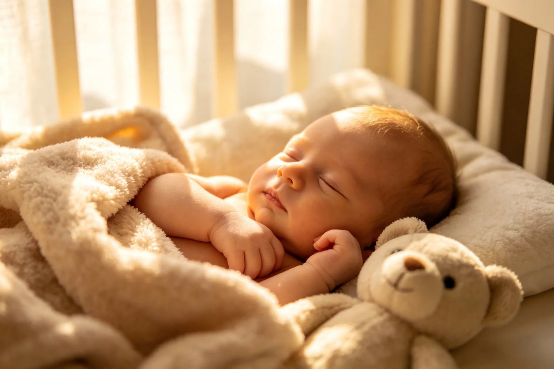 A newborn baby sleeps peacefully in a crib under warm sunlight next to a cute teddy bear.
