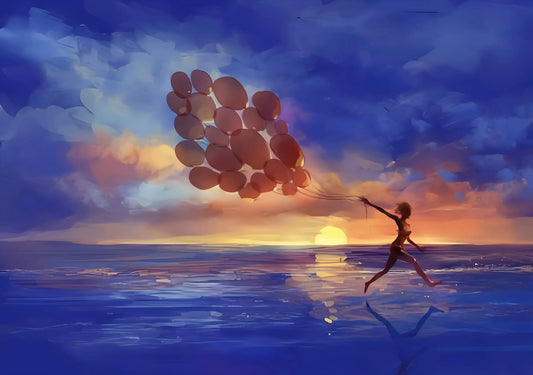 A surreal dream art: Woman running on water with red balloons at sunset, finding inner peace.