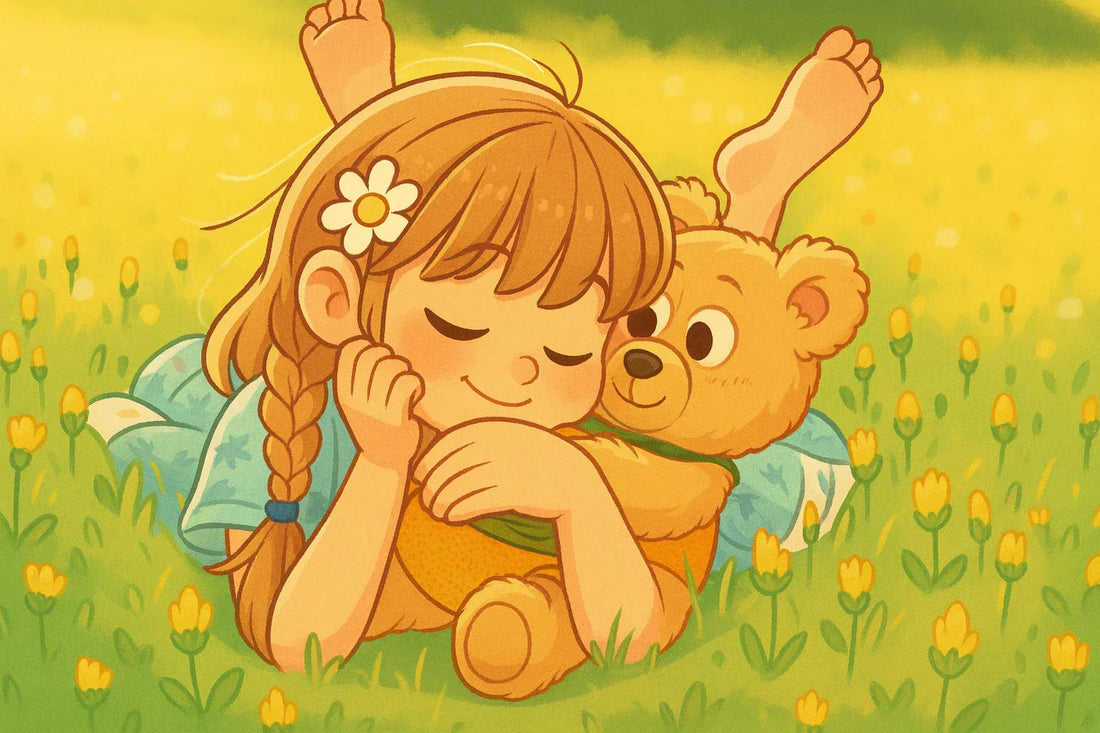 A warm and healing scene capturing the innocence and tranquility of a young girl quietly hugging a teddy bear in a sun-drenched flower field.