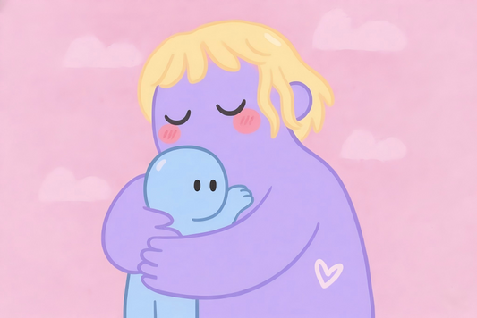 A purple character gently hugs a blue figure against a pink cloudy sky, symbolizing comfort and love.