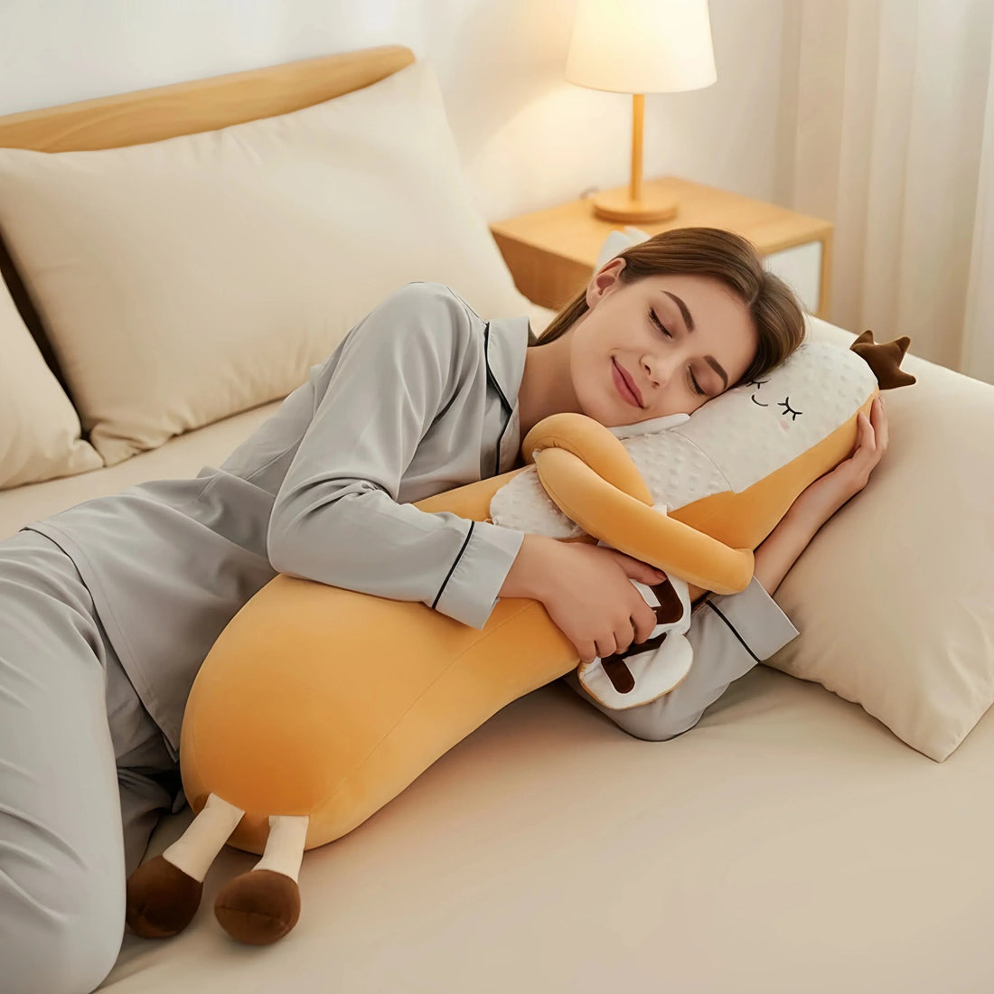 A calm, stable bedroom environment designed for Neuroscience of sleep and Brain development featuring a premium boby Pillow and soft textures.