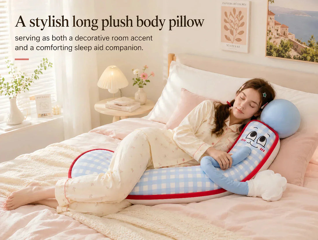 MoiHug long plush body pillow, a stylish blue checkered sleep aid companion ideal for side sleepers.