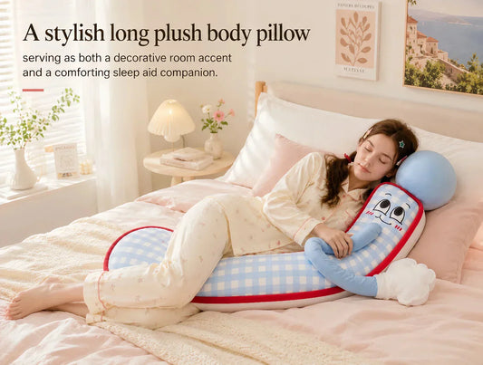 MoiHug long plush body pillow, a stylish blue checkered sleep aid companion ideal for side sleepers.