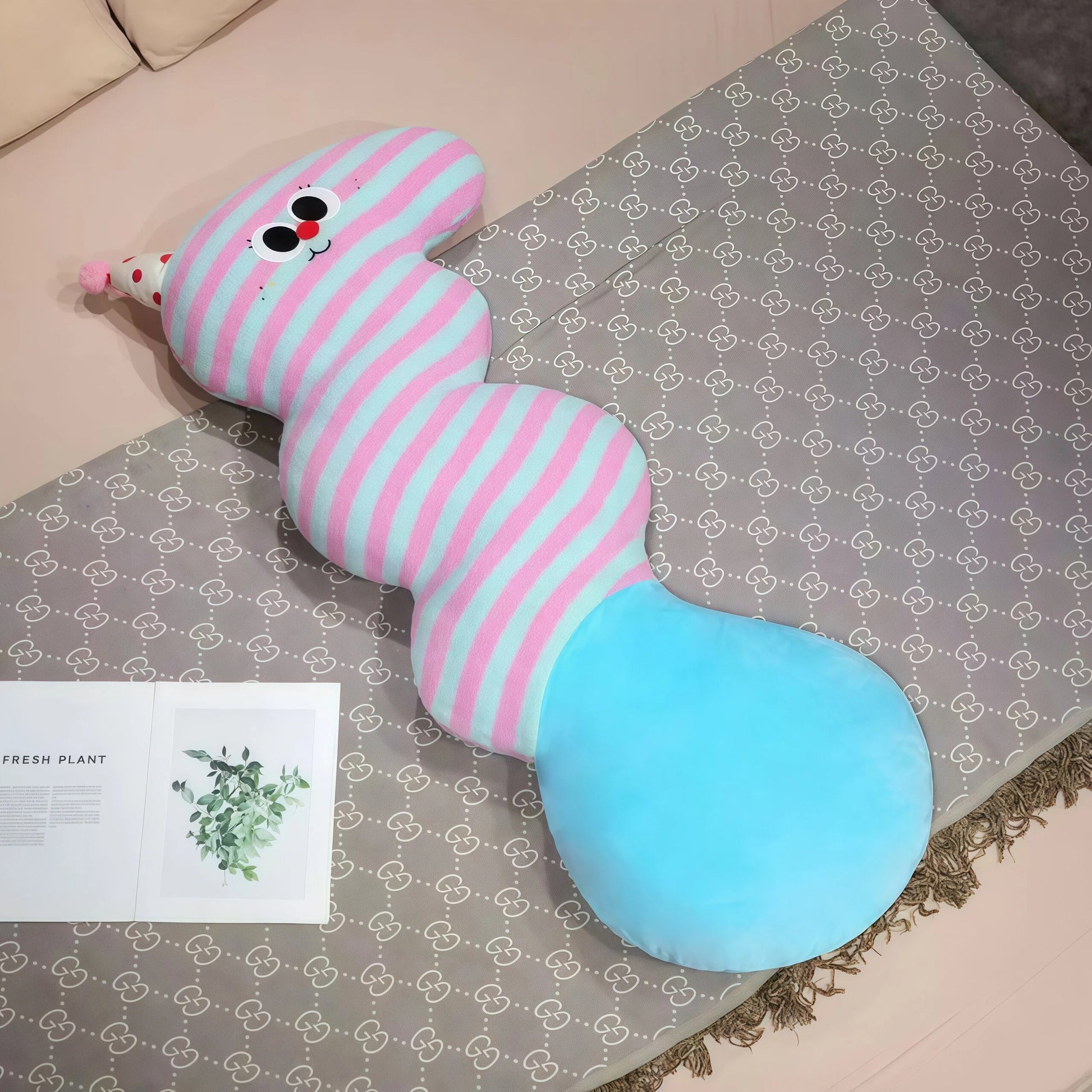 Core keywords: body pillow, Anxiety Relief Toy, How to fall asleep quickly. An S-shaped plush body pillow for children (Specification: long cylindrical) with mint green and pink stripes, featuring a red conical party hat on the head and a large round light blue bottom. This therapeutic plush toy aids in how to fall asleep quickly and how to relax yourself, reducing maternal fatigue, and soothing your negative emotions