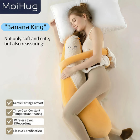 MoiHug Banana King body pillow with gentle patting and heated warmth, Class A certified sleep aid for side sleepers.