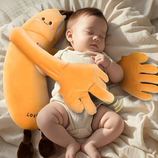 MoiHug Parent-Child Sleep Banana Plush (Orange). A sleeping baby hugged by an orange banana plush, emphasizing its parent-child and Soothing weighted toy characteristics. This cartoon shaped body pillow is a natural sleep aid that helps How to relieve inner anxiety